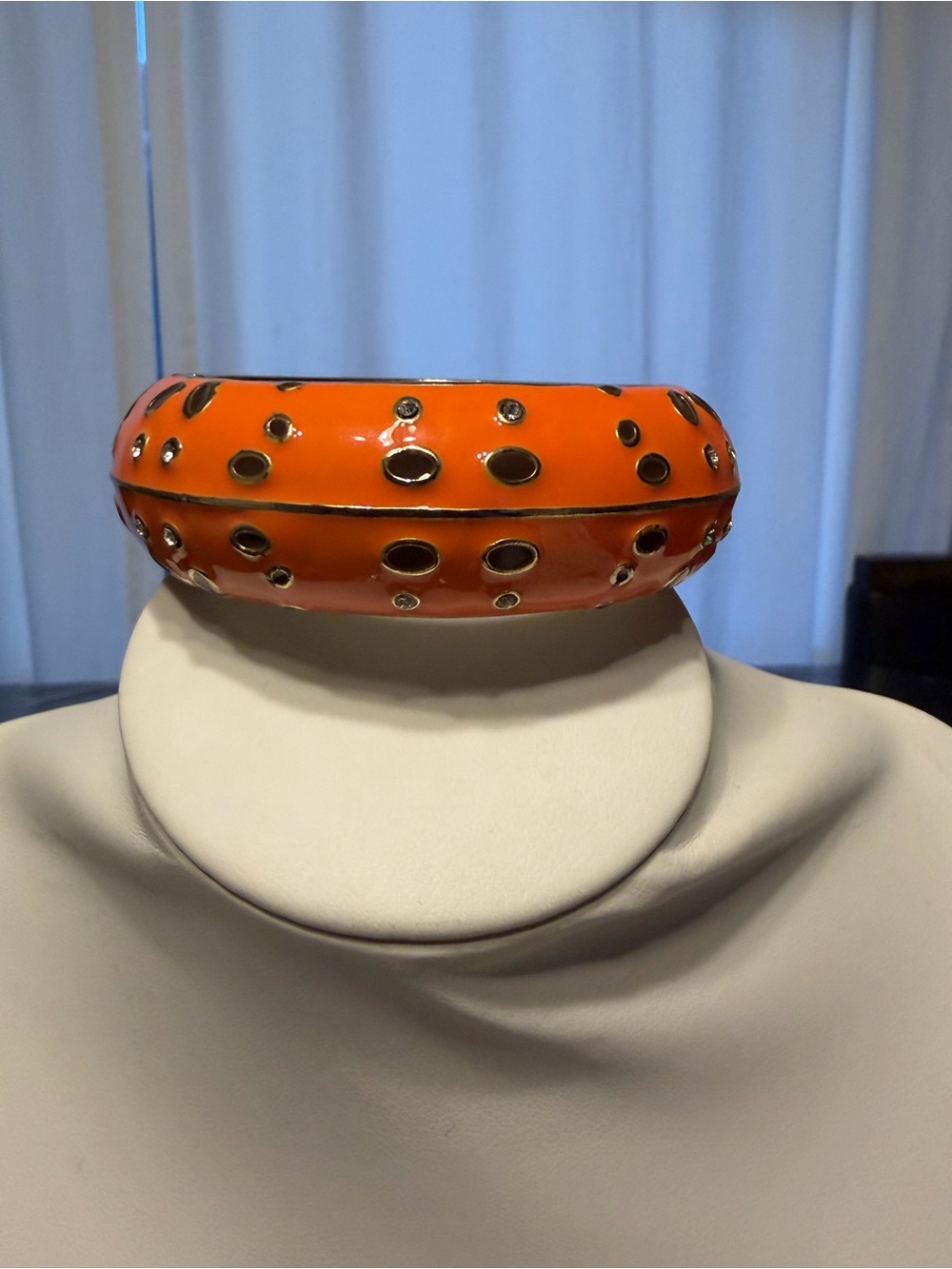 Sequin Bright Orange Enamel Bangle Bracelet with Gold Accent Detailing